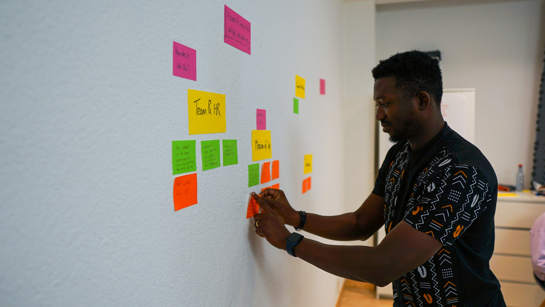 A workshop participant placing a note on a wall of clustered electrostatic notes