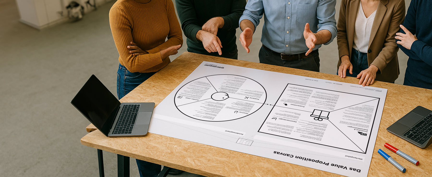 A team standing around a Value Proposition Canvas laid out on a table