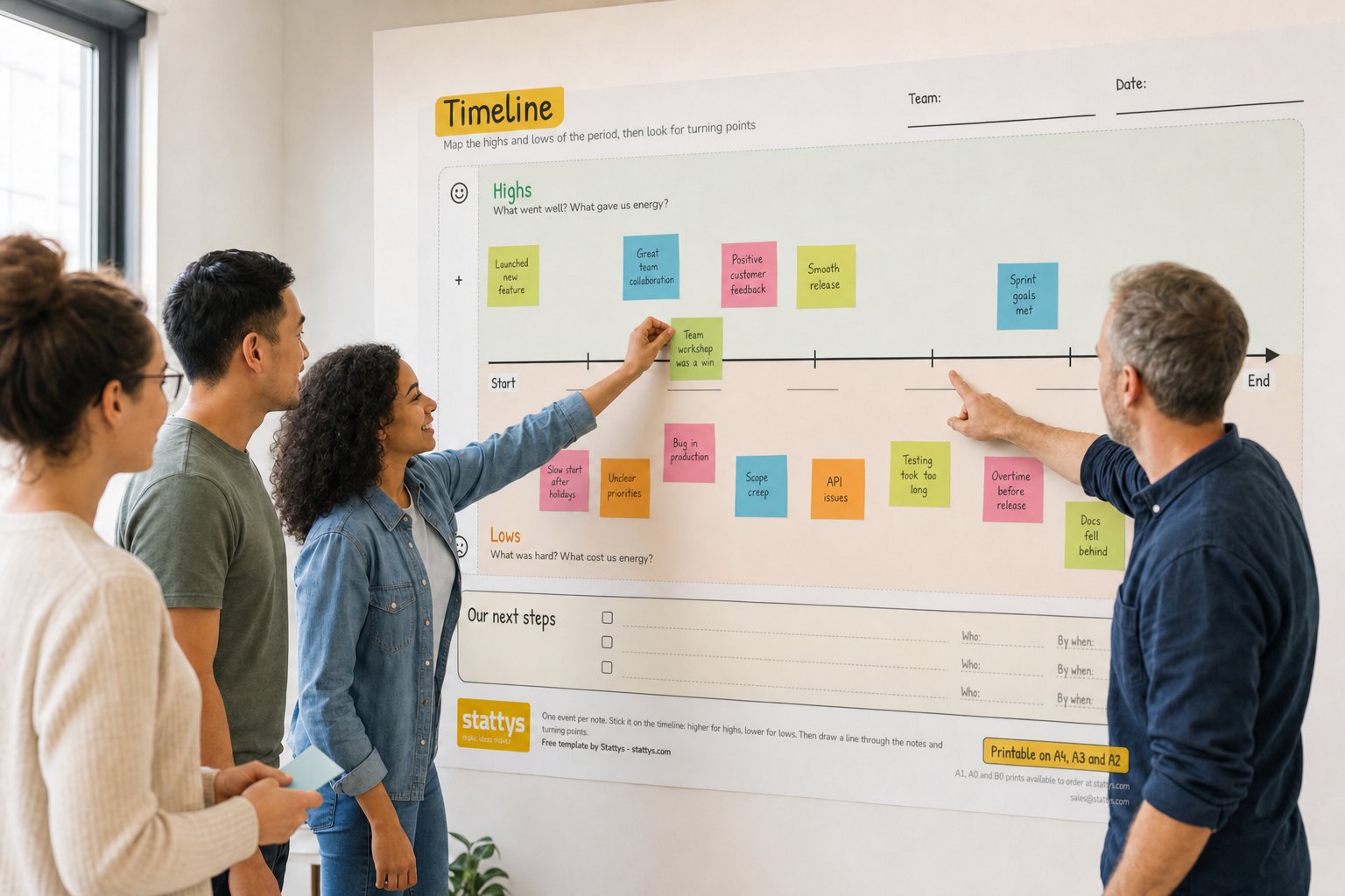 A team adds electrostatic notes to a Timeline retro template on the wall